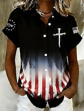  Ημέρα Αμερικανικής Ανεξαρτησίας Γυναικεία Πουκάμισο Βαμβακερά λινά πουκάμισα Μπλούζα Κουμπιά Φλοράλ Γραφική Σημαία Βίντατζ Στυλάτο Καθημερινό Αμάνικο Κοντομάνικο Κολάρο Πουκαμίσου Μακριές μπλούζες