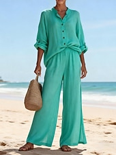 billige Essensielle faux co-ord sett-Dame Linsett i bomull Buksesett Imitert bomullslin Langermet Crew-hals Helfarge Elegant Mote Gatemote Avslappet Daglig utendørs Blå Hvit Rosa Sommer Normal