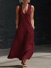 abordables Robes décontractées-Robe longue en coton et lin pour femme, robe d'été, robe trapèze, robe cintrée et évasée, robe de vacances décontractée, style bohème, robe de plage décontractée, robe de soirée ample, robe unie sans