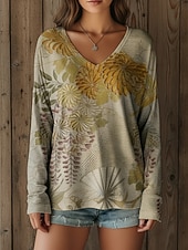  Per donna Maglietta Stampato Floreale Grafico Vintage Casual Boho Manica Lunga Scollo a V Top Regolari Quotidiano Cachi Primavera Autunno