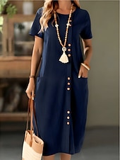 voordelige Jurken-Dames Halflange jurk Jurken met linnenlook Hemdjurk Zomerjurk Casual Dagelijks Normale pasvorm Effen Korte mouw Strakke ronde hals Marine Zwart Wit Leger Groen Zomer Lente Herfst