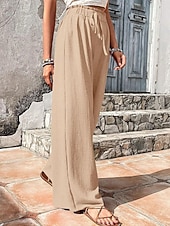 cheap Wide Leg &amp; High Waisted-Women's Wide Leg Chinos Vacation Streetwear Casual Full Length Medium Waist Plain Drawstring Pocket Elastic Waist Comfy Comfort Breathable Micro-elastic Daily Outdoor Streetwear Pea-Green Black Red