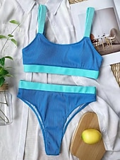 economico Bikini-Per donna Costumi da bagno Bikini Due pezzi Vita alta Costume da bagno Patchwork Snello Senza schiena Vacanza Abbigliamento da Spiaggia A righe Collo a U Senza Maniche Costumi da bagno