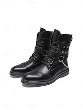 abordables Hombres-Botas de combate marrones para hombre con cordones, cremallera lateral y detalle de cadena. Botines para festivales de música, conciertos, eventos al aire libre, estilo urbano, fiestas y un estilo robusto y llamativo.