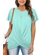 baratos Camiseta lisa-Mulheres Camiseta T-shirt Franzido Tecido Moda à moda Clássico Manga Curta Gola Redonda Tops regulares Diário Para Noite Final de semana Azul Preto Branco Rosa Vinho Verão Primavera