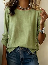 voordelige Overhemden-Dames Overhemden met linnenlook Linnen overhemd Blouse Lapwerk Knop Effen Elegant Vakantie Stijlvol Lange mouw Strakke ronde hals Normale tops Dagelijks Feestdagen Uitgaan blauw Zwart Wit Geel