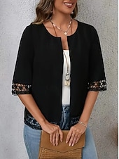 cheap Casual Jackets-Women's Casual Jacket Comfortable Breathable Lace Patchwork Casual Plain Casual Vacation Street Daily Wear Open Front Regular Crewneck Regular Fit 3/4 Length Sleeve Outerwear Black Summer Spring