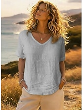 cheap Shirts-Women's Shirt 100% Cotton Plain Daily Stylish Basic Short Sleeve V Neck Regular Tops Daily Work Holiday Blue White Gray Summer