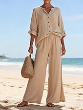 billige Essensielle faux co-ord sett-Dame Linsett i bomull Buksesett Imitert bomullslin Langermet Crew-hals Helfarge Elegant Mote Gatemote Avslappet Daglig utendørs Blå Hvit Rosa Sommer Normal