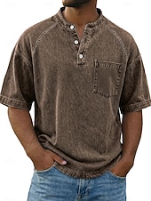 ieftine tricouri de bază-Bărbați Tricou Cămașă Demin Cămașă de spălat cu acid 100% bumbac Manșon scurt Guler de stand Henley Toamna iarna Primăvară Toamnă Simplu Epocă Șic Stradă Casual Buzunar Vopsit în haine Spălat Casual
