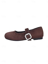 voordelige Platte damesschoenen-Dames Mary Jane platte schoenen met brede pasvorm in koffiekleur – comfortabele, casual platte schoenen met ronde neus en gesp met strasssteentjes, geschikt voor werk, dagelijkse wandelingen en buitenactiviteiten.