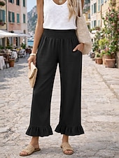  Mulheres Calças de linho de algodão Perna larga chinês Férias Roupa de rua Casual Comprimento total Cintura Média Tecido Bolsos Cintura elástica Conforto Confortável Sem Elasticidade Diário Ao ar