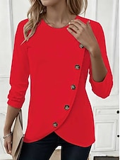 preiswerte Einfarbiges T-Shirt-Damen T Shirt T-Shirt Knöpfe Einfach Mode Stilvoll Klassisch Kurzarm Rundhalsausschnitt Normale Oberteile Täglich Ausgehen Wochenende Blau Schwarz Weiß Rote Grün Sommer Frühling Herbst