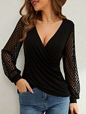 cheap Dressy Blouses-Women's Shirt Blouse Lace Tops Long Sleeve Tops Lace Plain Stylish Classic Modern Long Sleeve V Neck Regular Tops Daily Holiday Going out Black Summer Spring