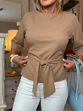 voordelige Effen Blouses-Dames Blouse strik voorkant Effen Kleur Stijlvol Casual Lange mouw Boothals Normale tops Dagelijks blauw Zwart Oranje Licht Blauw Lente Herfst