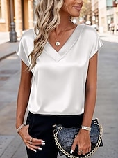 preiswerte Einfache Blusen-Damen Satin-Top Bluse Einfarbig Stilvoll Basic Lässig Kurzarm V Ausschnitt Normale Oberteile Täglich Blau Schwarz Weiß Champagner Rote Sommer Frühling Herbst