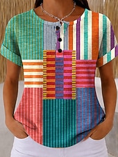  T-shirt en gaufre pour femmes impression graphique géométrique vintage élégant classique à manches courtes col rond hauts réguliers quotidiens noir et blanc noir blanc jaune rouge été printemps