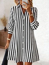 abordables Robes de travail-Femmes Robe Longueur Genou Robe Chemise Vacances Anniversaire Occasionnel Plage Coupe régulière Graphique Rayure manche longue Revers Bleu Noir Rouge Été Printemps