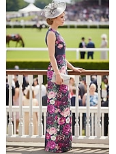 preiswerte Bodenlänge-Schlauchkleid Bodenlang Kleid für Hochzeitsgäste Abendkleid Derby-Kleid Brautmutterkleid Ärmellos V Ausschnitt Elegant Formell Kentucky Derby Satin mit Blumenmuster