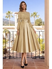 economico Abiti da cocktail-Linea ad A Lunghezza Tè Abiti da Cocktail Abiti da festa Elegante Brillanti Manica Lunga Girocollo Natale Ospite di nozze Raso Velluto con Pieghe Paillettes