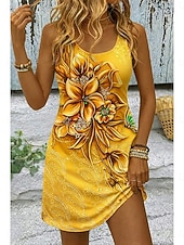 billiga Blommiga klänningar-Dam Mini klänning Solklänning A linjeklänning Sommarklänning Semester Ledigt Boho Strand Fest Bröllop Smal Blommig Grafisk Ärmlös U-hals Blå Gul Rodnande Rosa Rubinrött Sommar Vår