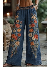 ieftine Pantaloni grafici-Pentru femei Grafică Picior Larg Pantaloni Pantaloni Palazzo Epocă Boho Lungime totală Talie Înaltă Floare Talie elastică Imprimare Respirabilitate Comfortabil Stradă Purtare Zilnică Ieșire Albastru