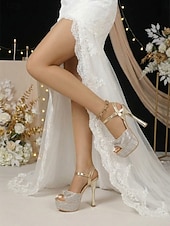 cheap Bride-Women's Silver Glitter Bow Platform Stiletto Heels - Glamorous Bridal Shoes for Urban Wedding Brides