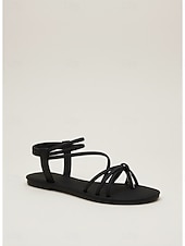 baratos Sandálias Planas-Sandálias rasteiras pretas minimalistas femininas com tiras - calçado confortável para caminhadas de verão com design de tira em T e tira segura no tornozelo, ideal para férias na praia e viagens ao