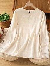 abordables Blusas Elegantes-Women's Shirt Blouse Eyelet top Hollow Out Plain Stylish Classic Modern Long Sleeve Crew Neck Regular Tops Daily Holiday Going out Apricot Summer Spring