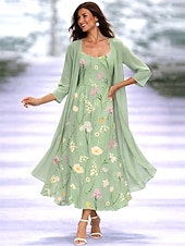 preiswerte Blumenkleid-Damen Kleid-Set A Linie Kleid Elegant Urlaub Blumen Grafik Geschichtet Druck Midikleid Dreiviertelarm V Ausschnitt Täglich Party Hellgrün Violett Dunkelblau Sommer Frühling Normale Passform