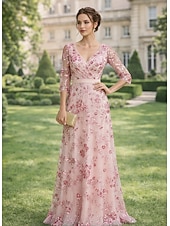billige Gulvlengde-A-linje Kjoler Gulvlengde Gjestekjole til bryllup Formell kjole Aftenkjole Kjole til brudens mor Kortermet V-hals Elegant Enkel Utsmykket Formell Bryllupsgjest Bryllupsfest Chiffon Blonder med