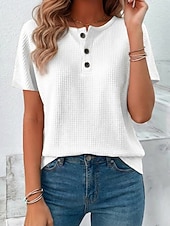 abordables Camiseta lisa-Mujer Camiseta Tops de verano Tops de punto gofre Botón frontal Graphic Plano Elegante Clásico Manga Corta Cuello Barco Tops regulares Diario Noche Ropa de playa Negro Blanco Amarillo Rojo Naranja