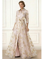 billige Gulvlengde-A-linje Gulvlengde Skjortekjole Gjestekjole til bryllup Formell kjole Kjole til brudens mor 3/4 ermer Skjortekrage Elegant Enkel Formell Organza Jacquard med Sløyfe(r)