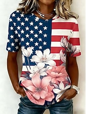  Dia da Independência Americana Mulheres Camiseta Imprimir Gráfico Letra Bandeira americana à moda Clássico Casual Manga Curta Gola Redonda Tops regulares Diário Azul Branco vermelho Verão Primavera