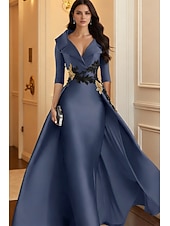 cheap Ball Gown Evening Dresses-A-Line Floor Length Evening Gown Elegant 3/4 Length Sleeve Shirt Collar Formal Satin with Appliques