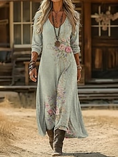  Damen Maxikleid Boho-Kleid Vintage-Kleid Freizeitkleid Vintage Täglich Outdoor Urlaub Lässiger Schnitt Blumen Langarm V Ausschnitt Blau Hellgrün Marineblau Dunkelgrün Frühling Herbst