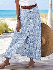  בגדי ריקוד נשים יום יומי בוהו מקסי גיזרה בינונית (אמצע) חצאיות פרחוני דפוס קצוות מפוצלים מיקרו-אלסטי רחוב ליציאה פול כחול סקיי חום ירוק קיץ פוליאסטר