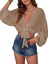 economico Camicie-Per donna Camicia Blusa Nodo frontale Patchwork Semplice Attivo Vacanza Vintage Manica Lunga Scollo a V Top Regolari Quotidiano Spiaggia Ferie Nero Bianco Arancione Cachi Estate Primavera