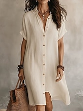 cheap Dresses-Women's Mini Dress Linen-feel Dresses Shift Dress Summer Dress Casual Daily Loose Fit Plain Short Sleeve Lapel Blue Black Wine Army Green Summer Spring Fall