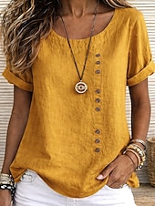 voordelige Overhemden-Dames 100% Katoen T-shirt Knop Effen Modieus Stijlvol Klassiek Korte mouw Strakke ronde hals Normale tops Dagelijks Uitgaan Weekend blauw Wit Geel Leger Groen Marineblauw Zomer Lente