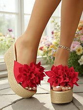 voordelige Sleehaksandalen-Groene sleehak sandalen voor dames – stijlvolle, met bloemen versierde slippers met een sleehak van espadrille-imitatie, perfect voor casual uitjes, zomervakanties en strandfeestjes.