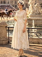 abordables Longitud a la altura del tobillo-Corte A Vestido Midi Vestidos de novia Vestidos para la despedida de soltera Vestido de novia Vestidos Blancos Vestidos Novia en Color Media Manga Escote de ilusión Graduación Cumpleaños Encaje con