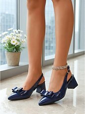 voordelige Slingback Pumps-Elegante damespumps van marineblauw lakleer - chique pumps met spitse neus en strik. &amp;Stevige blokhak voor kantoorwerk, business casual &amp;dagelijkse professionele kleding