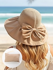 Недорогие Женские шляпы-Женская складная солнцезащитная шляпа в стиле бохо с чехлом для хранения, портативная пляжная шляпа из полиэстера с широкими полями, различных цветов, для повседневной носки, путешествий, отдыха и курортного отдыха.