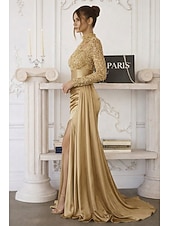 billiga Ballgowns för kvällsbruk-Sjöjungfru trumpet Svepsläp Telång Kvälls klänningar Balklänning med överkjol Formell klädsel Elegant Sidoslits Silkig Långärmad Hög hals Formell Satäng Paljetter med Pärldetaljer Paljett