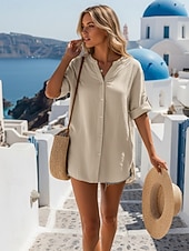 abordables Blusas Sencillas-Mujer Camisa Camisa con botones Camisa casual Blusa Botones Plano Elegante Clásico Moderno Manga Corta Escote en Pico Tops regulares Diario Festivos Noche Azul Piscina Negro Blanco Verde Ejército