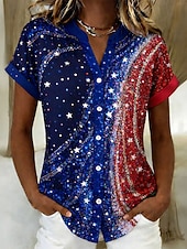  día de la independencia americana Mujer Blusa Botones Estampado Graphic Bandera Vintage Elegante Casual Manga Corta Escote en Pico Tops regulares Diario Azul Piscina Verano Primavera