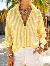 voordelige Overhemden-Dames Overhemd Overhemden met linnenlook Button-down overhemd Blouse Gestreept Stijlvol Klassiek Modern Lange mouw Revers Normale tops Dagelijks Feestdagen Uitgaan blauw Geel Blozend Roze Rood