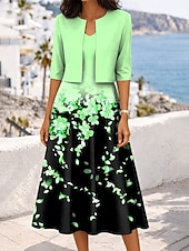 baratos Vestido Floral-Mulheres conjunto de vestido Vestido A Line Elegante Casual Floral Gráfico Multi Camadas Imprimir Vestido midi Meia Manga Decote V Diário Azul Rosa Roxo Verão Primavera Normal