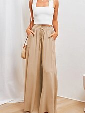 billiga breda ben och hög midja-Dam Trosor Kinesiska Aktiv Streetwear Ledigt Fullängd Medium Midja Slät Snörning Bekväm Oelastisk Dagligen Utomhus Gata Aprikos Svart Mörk marin Kaki Sommar Vår Lös passning